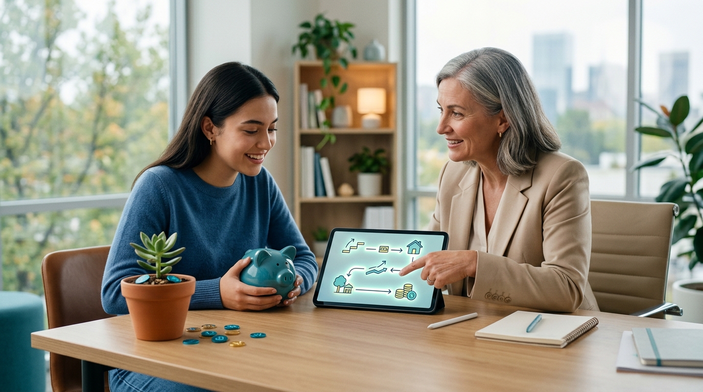 A beginner meeting with a financial advisor to review a financial plan