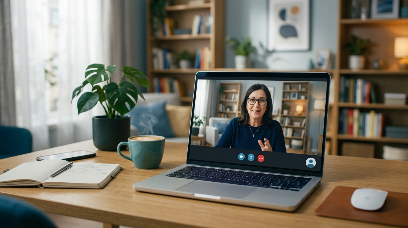 Online financial advisor working with client via video call on laptop