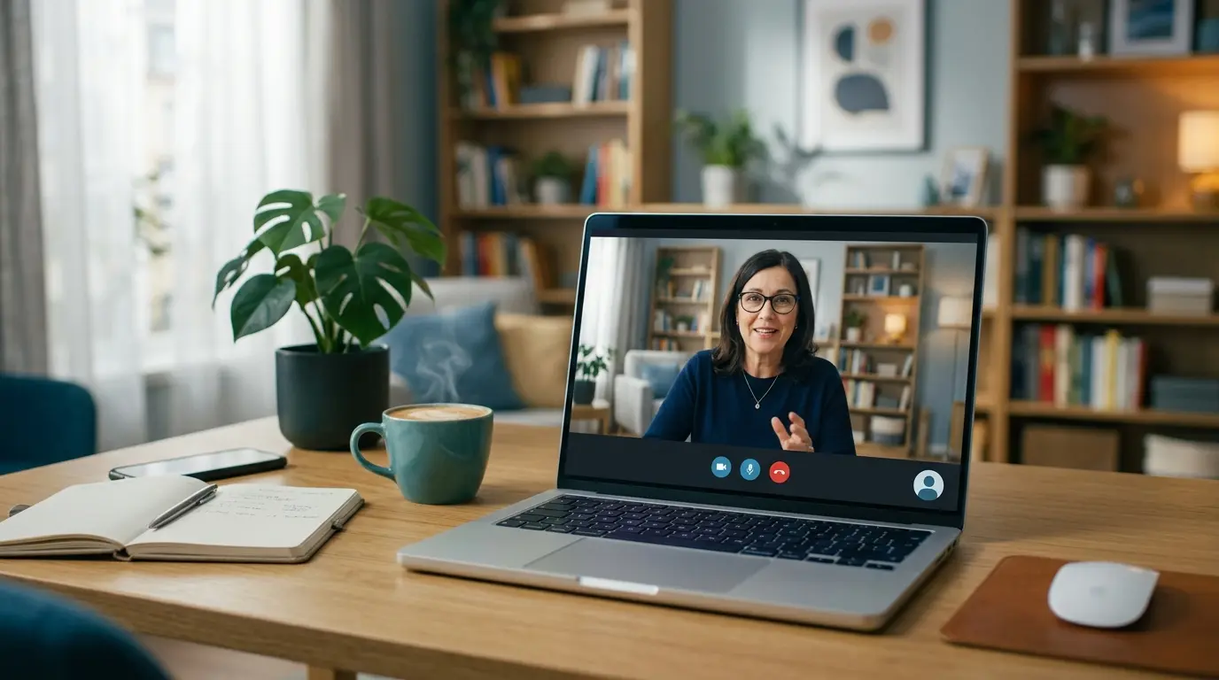 Online financial advisor working with client via video call on laptop