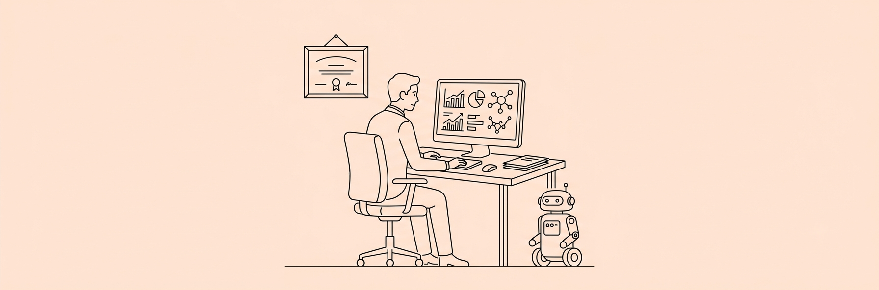 Financial advisor at desk with AI assistant and analytics screen, minimal black lineart on peach background